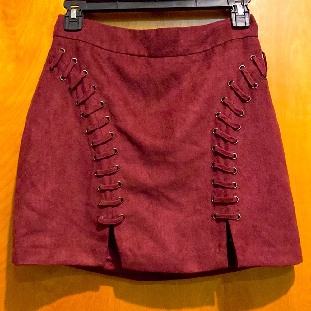 F21 Faux Suede Wine Colored Mini Skirt ~ Laced Up Slits